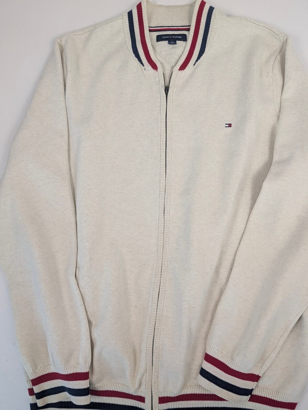 Tommy Hilfiger Mens Full-Zip Baseball Bomber Cardigan Sweater Cream Size XXL